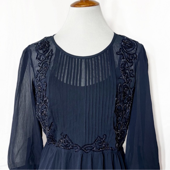 Anthropologie Embellished Beaded Sequin Floral Embroidered Navy Peplum Blouse - Picture 5 of 14